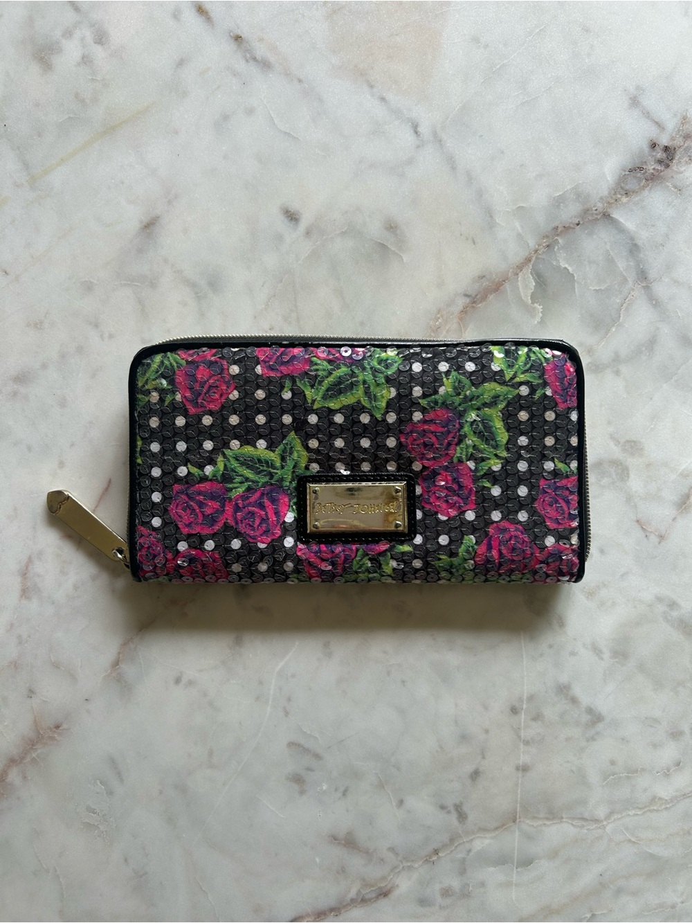 Betsey Johnson Black Wallet with Pink Rose Print and Gold Plaque